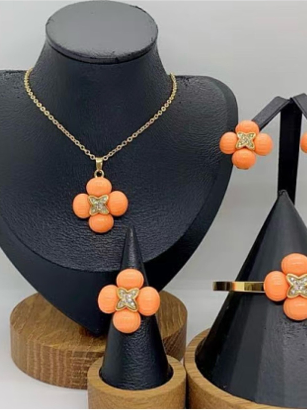 Gold-Plated Orange Flower Pendant Necklace and Ring Set